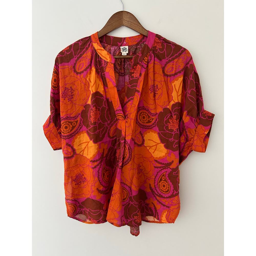 Ivy Jane Pink Orange Floral Bold Paisley V Neck Blouse Cotton Blend EUC S/M